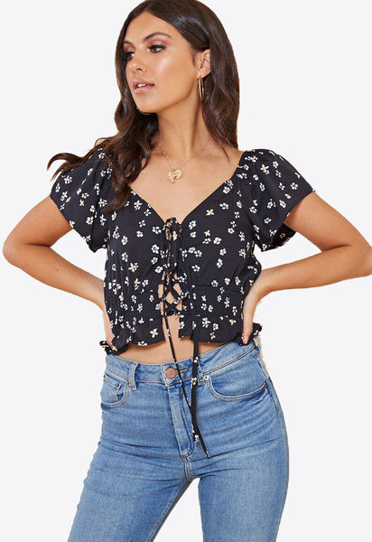 Black Ditsy Print Lace Up Shirred Waist Milkmaid Top