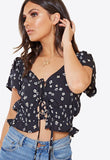 Black Ditsy Print Lace Up Shirred Waist Milkmaid Top