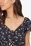 Black Ditsy Print Lace Up Shirred Waist Milkmaid Top