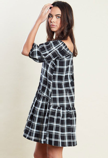 Black Dropped Hem Puff Sleeves Mini Smock Dress