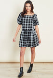 Black Dropped Hem Puff Sleeves Mini Smock Dress