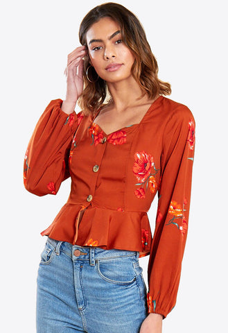 Rust Floral Print Peplum Hem Milkmaid Blouse