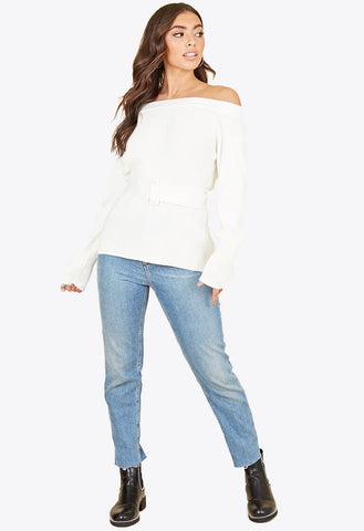 White Bardot Off the Shoulder Belted Knitted Jumper