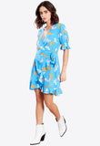 Blue Ruffle Wrap Skirt Puff Sleeves Mini Dress