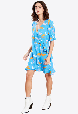 Blue Ruffle Wrap Skirt Puff Sleeves Mini Dress