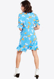 Blue Ruffle Wrap Skirt Puff Sleeves Mini Dress