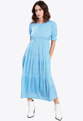 Blue Spot Tiered Midi Dress