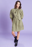 Khaki Puff Sleeves Pussy Bow Smock Mini Dress