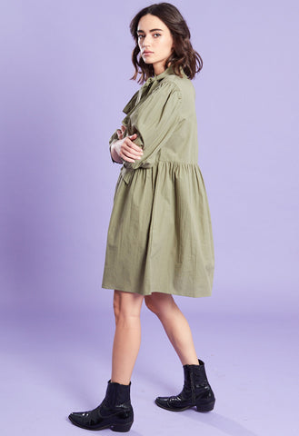 Khaki Puff Sleeves Pussy Bow Smock Mini Dress