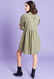 Khaki Puff Sleeves Pussy Bow Smock Mini Dress