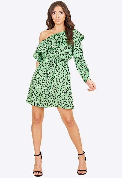 Green Animal Print Ruffle One Shoulder Mini Dress