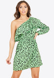 Green Animal Print Ruffle One Shoulder Mini Dress