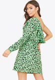 Green Animal Print Ruffle One Shoulder Mini Dress