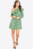 Green Animal Print Ruffle One Shoulder Mini Dress