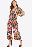 Black Multi Retro Floral Kimono Sleeve Wrap Culotte Jumpsuit