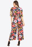 Black Multi Retro Floral Kimono Sleeve Wrap Culotte Jumpsuit