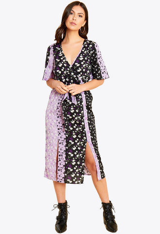 Black and Lilac Split Front Mixed Floral Print Wrap Midi Dress