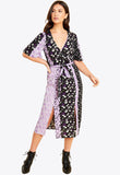 Black and Lilac Split Front Mixed Floral Print Wrap Midi Dress