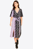 Black and Lilac Split Front Mixed Floral Print Wrap Midi Dress