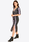 Black and Lilac Split Front Mixed Floral Print Wrap Midi Dress