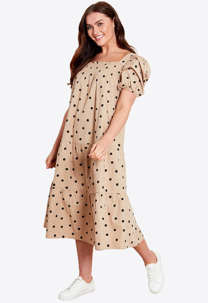 Stone Puff Sleeve Cotton Poplin Polka Dot Midi Dress