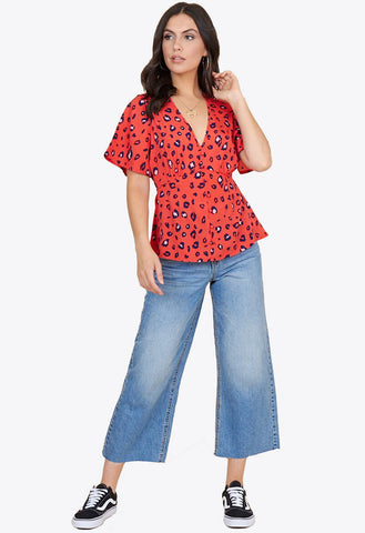 Red Navy Leopard Angel Sleeve Tea Top