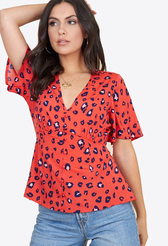 Red Navy Leopard Angel Sleeve Tea Top