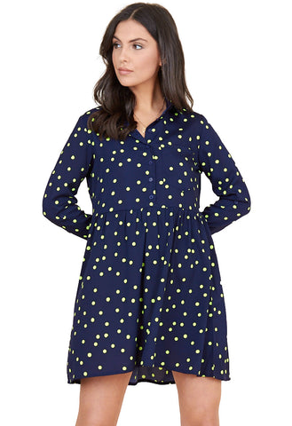 Black Green Dots Long Sleeves Mini Shirt Dress