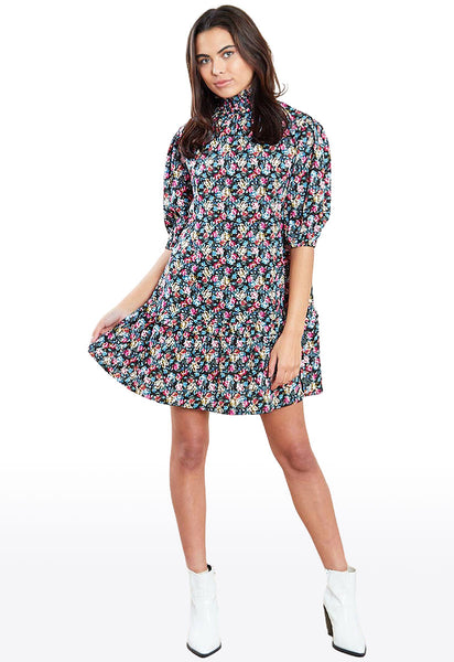 High Neck Ditsy Print Swing Mini Dress