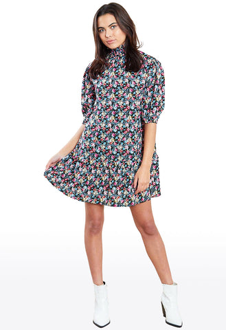 High Neck Ditsy Print Swing Mini Dress