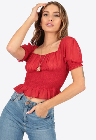 Red Dobby Shirred Milkmaid Puff Sleeve Crop Top