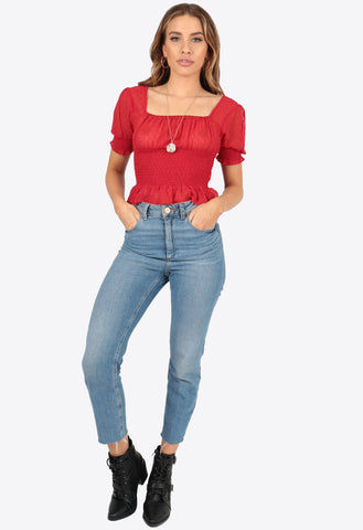 Red Dobby Shirred Milkmaid Puff Sleeve Crop Top