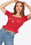 Red Dobby Shirred Milkmaid Puff Sleeve Crop Top