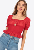 Red Dobby Shirred Milkmaid Puff Sleeve Crop Top