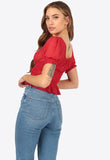 Red Dobby Shirred Milkmaid Puff Sleeve Crop Top