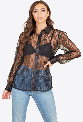 Black Lace Satin Detail Oversized Button Down Collared Shirt