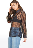 Black Lace Satin Detail Oversized Button Down Collared Shirt