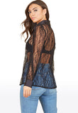 Black Lace Satin Detail Oversized Button Down Collared Shirt