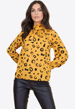 Mustard Black Squiggle Shirred Cuff High Neck Blouse