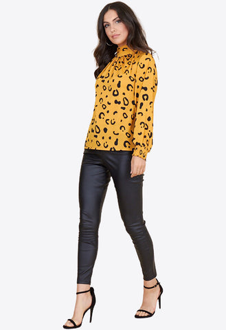 Mustard Black Squiggle Shirred Cuff High Neck Blouse