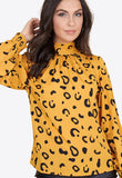 Mustard Black Squiggle Shirred Cuff High Neck Blouse