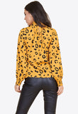 Mustard Black Squiggle Shirred Cuff High Neck Blouse