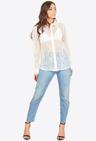 White Lace Satin Detail Oversized Shirt