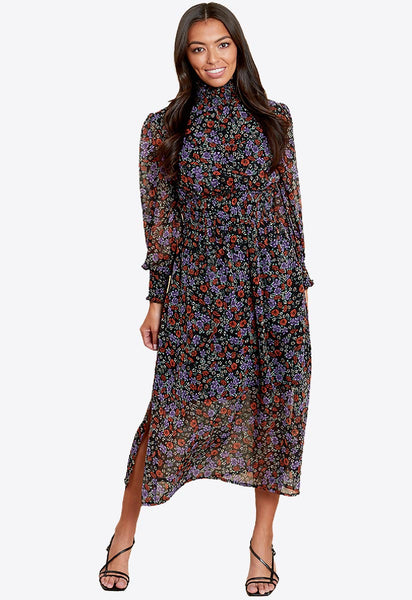 Multi Floral Shirred High Neck And Waist Midi Dress