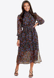 Multi Floral Shirred High Neck And Waist Midi Dress