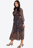 Multi Floral Shirred High Neck And Waist Midi Dress