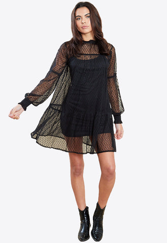 Black Balloon Sleeves Mesh Smock Mini Dress