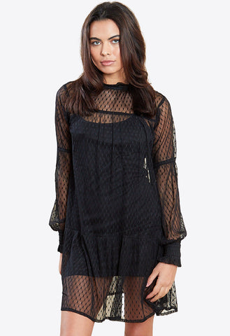 Black Balloon Sleeves Mesh Smock Mini Dress