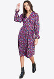 Purple Floral Print Midi Tie Waist Wrap Dress