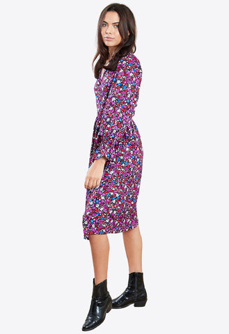 Purple Floral Print Midi Tie Waist Wrap Dress